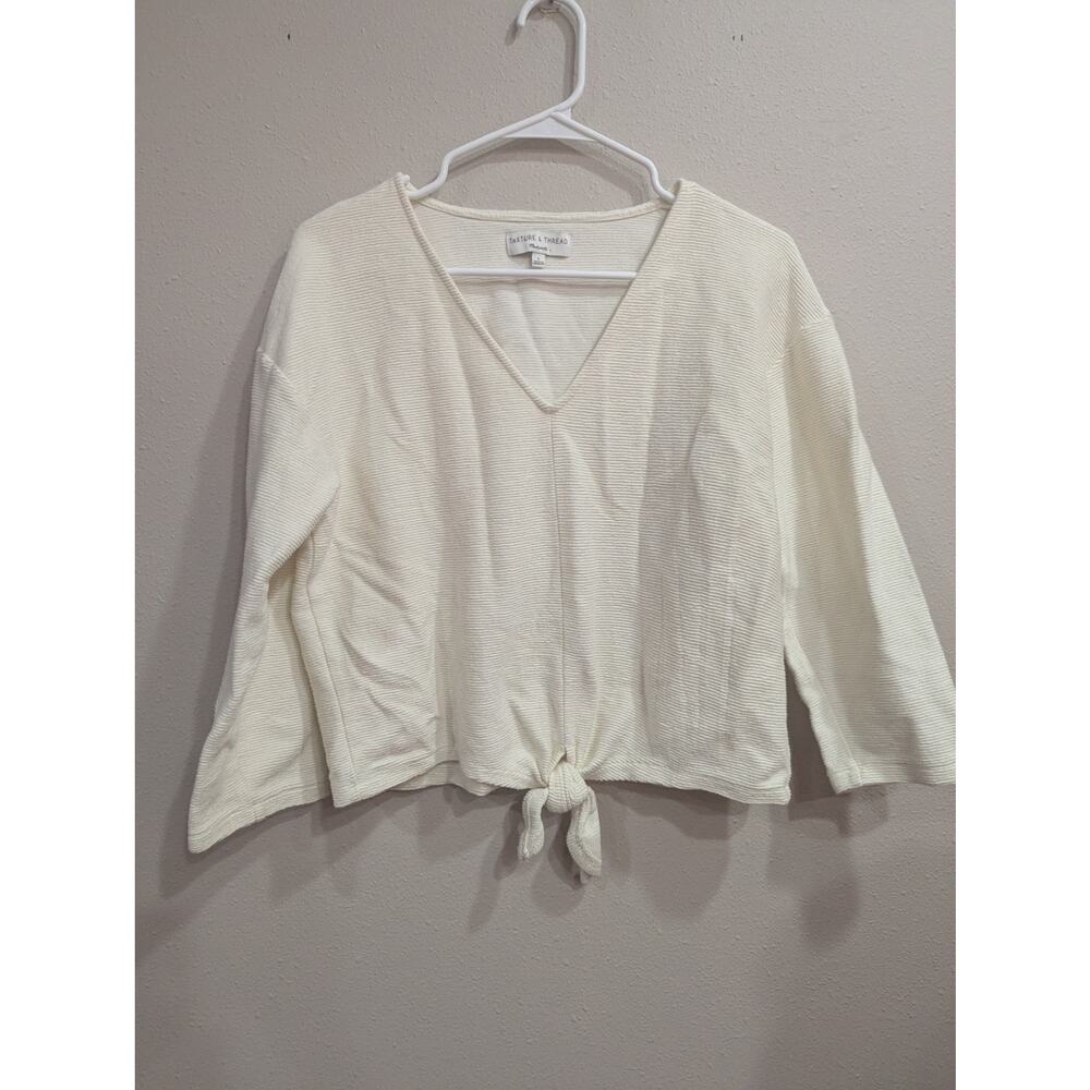 Long sleeve ribbed cotton v-neck long sleeve cropped tied blouse size Large